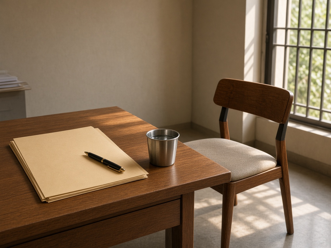 A blank manila folder and a pen on an admissions desk