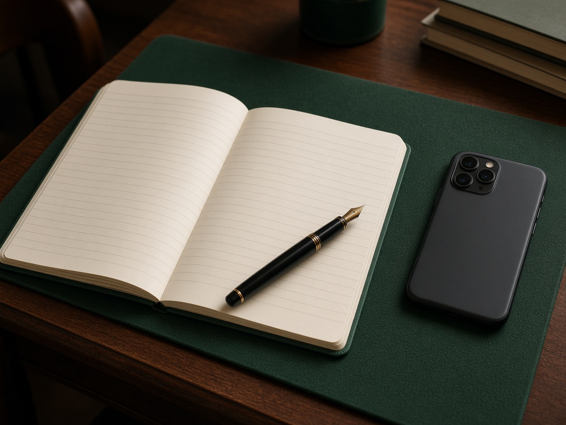 An open notebook, a fountain pen, and a phone lying face down